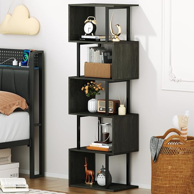 Furologee 6 Tier Bookshelf Tall Geometric Bookcase, S Shaped Industrial Display Standing Shelf, Metal and Wood Decorative Storage Room Divider Rack for Bedroom, Living Room, Office, Light Black Oak