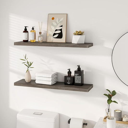 Vivelove Solid Wood Floating Shelves Set of 2, Elm Wood Wall Shelf with Invisible Bracket for Living Room Bedroom Bathroom Office, Rustic Farmhouse Display Shelf, 36 inch - Grey