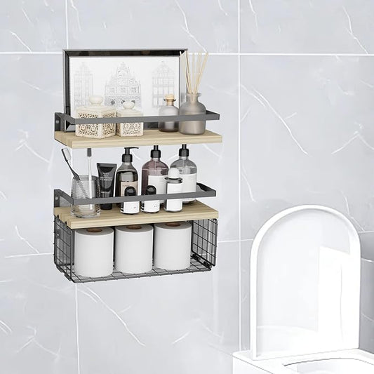 Floating Shelves with Wire Storage Basket for Toilet Paper, Wall Decor for Bathroom/Living Room/Kitchen/Bedroom, (Gold-White-Gold) Shelves for Home Decor