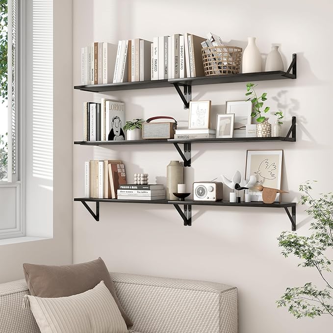 Axeman 40 Inch Floating Shelves | 8 Inch Deep Black Wall Shelves Set of 2 | 39.4" W x 8" D Rustic Black Wood Shelves for Bathroom Kitchen Living Room