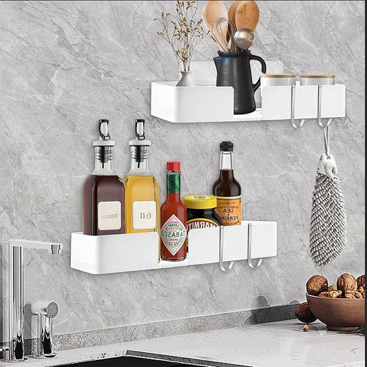 ABCOOL Shower Caddy Floating Bathroom Shelves - Set of 2, No Drill Wall Mounted Adhesive Hanging Shelves with Hooks Decorative Storage Shelves for Kitchen Living Room Bedroom