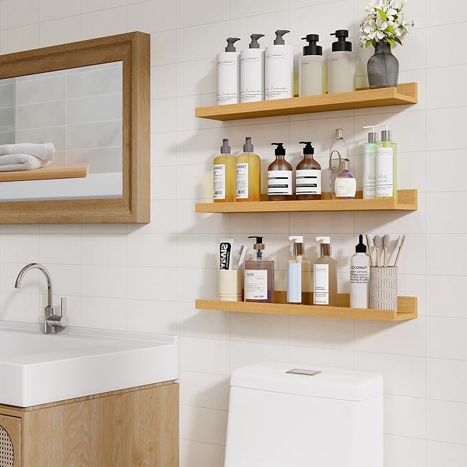 Heimlove Picture Ledge Shelf,24 inch Long Floating Shelves for Wall Set of 2,Picture Shelf with Lip for Wall Decor,Living Room,Bedroom,Bookshelf,Nursery,Perfume,Oak Color