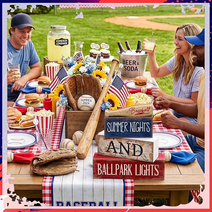 4 Pcs Baseball Decorations Stacked Wooden Blocks Signs with Bat Topper, Summer Nights Ballpark Lights Decor - Baseball Table Decor Ideal Gift for Fans Boys Room Party Coffee Shelf