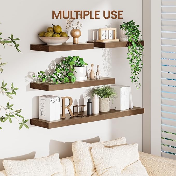 Heimlove 36 Inch Floating Shelves for Wall Walnut Shelves Set of 2,Wall Mounted Rustic Wood 8 Inch Deep Floating Shelf with Invisible Brackets for Bedroom Kitchen Living Room