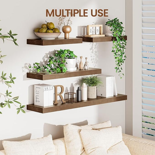 Heimlove 16 Inch Floating Shelves for Wall Walnut Shelves Set of 2,Wall Mounted Rustic Wood 8 Inch Deep Floating Shelf with Invisible Brackets for Bedroom Kitchen Living Room