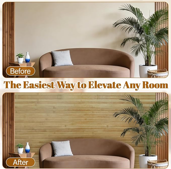 Natural Bamboo Wall Panel for Interior Wall Decor, Pole Wrap Wainscoting Wall Cladding Panel for Kitchen Island, Bedroom, Living Room, Office, Light-Carbonized (48" * 96")
