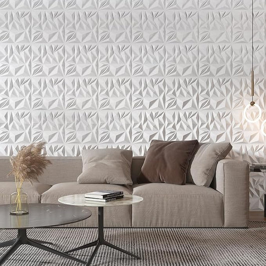 Art3d 50-Pack 3D Wall Panels for Interior Wall Decor, Modern Diamond Textured Accent Wall Paneling for Gaming Living Room TV Wall Background, 12 x 12 inch White