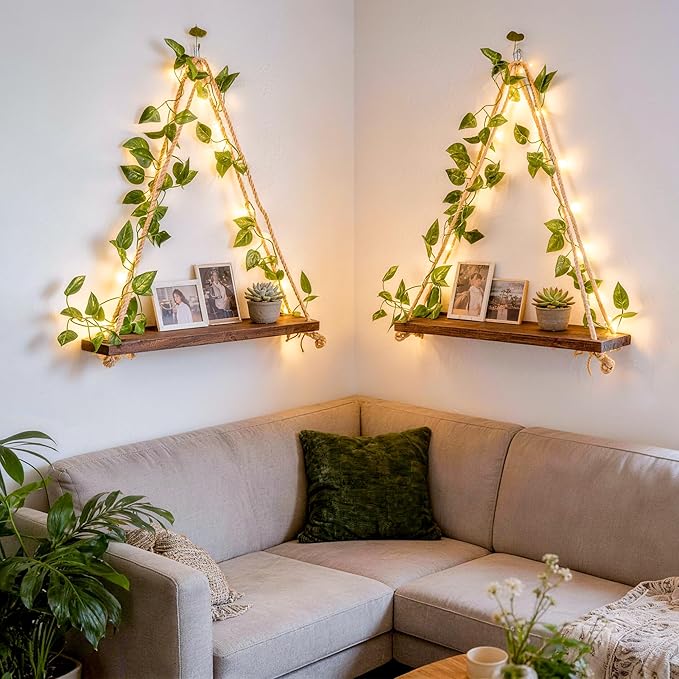 2PCS Floating Shelves for Wall, Plant Wall Decor, Hanging Shelf, Cottage Core Decor, Trinket Shelf, Wood Floating Storage Shelf for Bedroom Bathroom Living Room