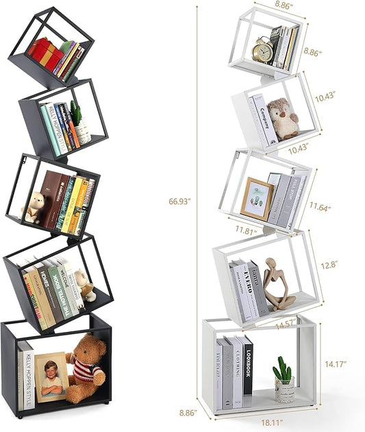 Bookshelf, Metal Bookcase 5-Tier 67", Modern Unique Floor Corner Book Shelf, Display Storage Bookcase for Living Room, Bedroom, Office, Home Decor