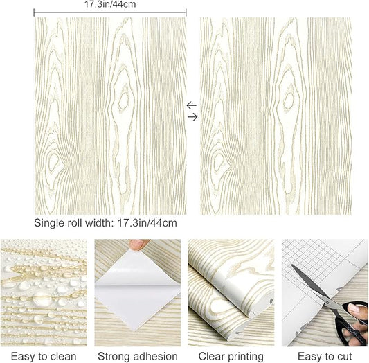 Yun-aeon Beige and Gold Wood Contact Paper 17.3"x200" Rustic Wooden Peel and Stick Wallpaper Removable Self-Adhesive Wallpaper Wood Grain Contact Paper for Countertops Cabinets