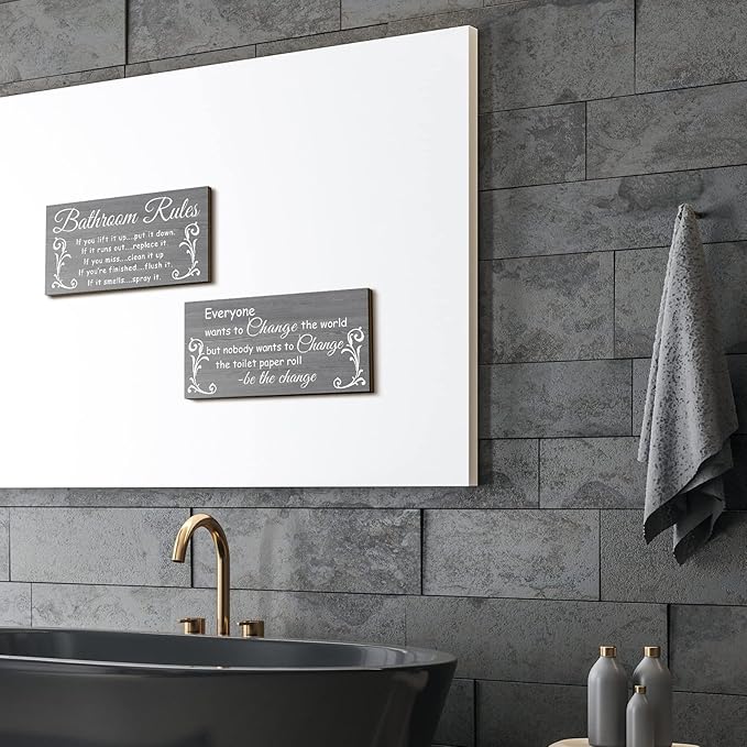 Jetec 2 Pieces Funny Bathroom Signs Bathroom Wall Decor Toilet Wall Accessories Farmhouse Toilet Rustic Wooden Signs, 12x6 Inch(Elegant Style)