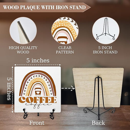 Boho Rainbow Coffee Sign With Iron Stand, Wood Plaque for Station, Shop, Home, Kitchen, Cafe, Farmhouse Bar Desk Shelf Decoration -04