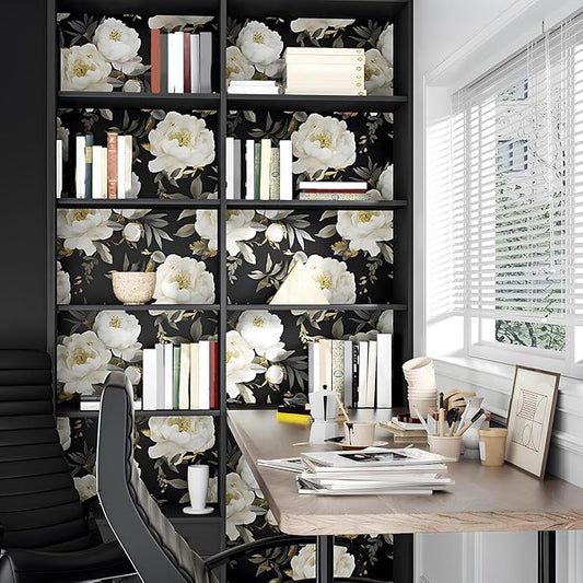 Dark Floral Wallpaper Peel and Stick Boho Wallpaper 17.5in x 118in White Floral Contact Paper Self Adhesive Waterproof Vintage Flowers Wall Paper for Bedroom Walls Countertop(White,Golden)