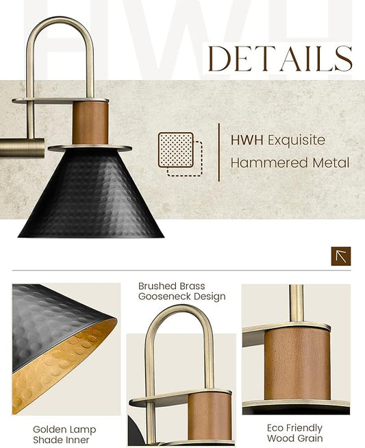 Black Wall Sconce, HWH Industrial Indoor Sconce Light Fixture, Single Wall Vanity Light Black Barn Wall Lamp with Hammered Metal Shade, Black and Gold Finish, 5HZG74B BK+BG