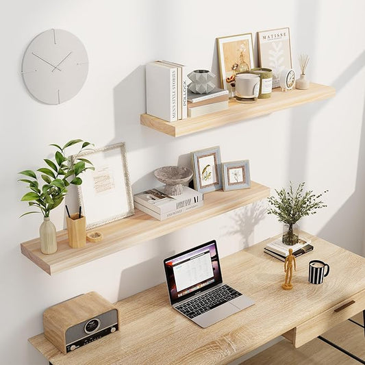 Fun Memories Floating Shelves, 9.3 Inch Deep Solid Pine Wood Wall Shelves for Storage, Wall Mounted Display Shelf with Invisible Heavy-Duty Metal Bracket, 55 Inch Width, Unfinished - DIY Stain