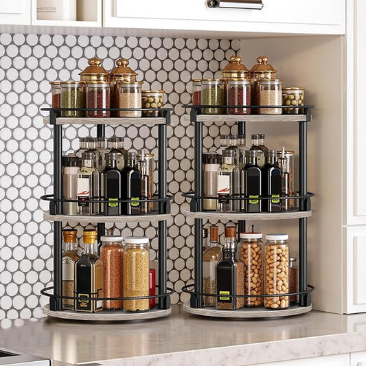 Spice Rack, Set of 2 Lazy Susan Organizer, 3-Tier Turntable Organizer, Rotating Spice Rack Organizer For Cabinet, Compact and Versatile, Greige and Black SR23L2BG