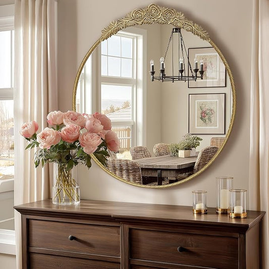 Growsun Round Wall Mirror with Vintage Gold Floral Frame – 24 Inch Decorative Wall Mirror for Living Room, Bedroom, Entryway, Bathroom Vanity – Elegant Antique Accent Home Décor
