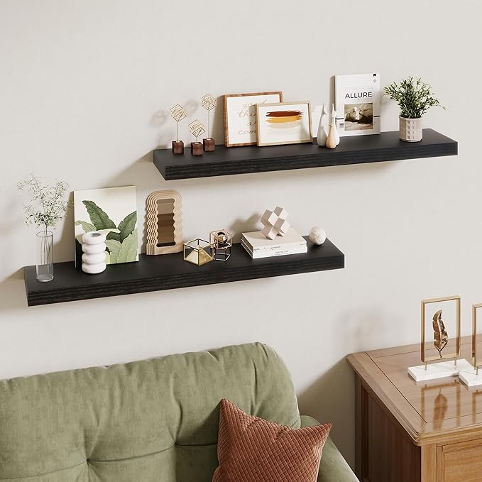 36 Inch Floating Shelves | 6.5 Inch Deep Black Floating Shelves Set of 2 | 36" W x 6.5" D Rustic Black Wood Wall Shelves with Invisible Brackets for Bathroom Living Room Bedroom