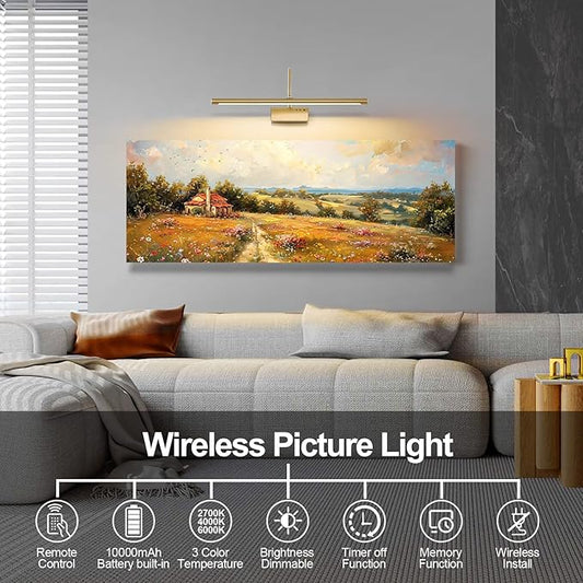 Battery Operated Picture Light with Remote, 24 inch Wireless Rechargeable Art Light with Timer, Dimmable 3CCT Gallery Lighting for Paintings, Portraits, and Canvas (Brass, 23.6inch)