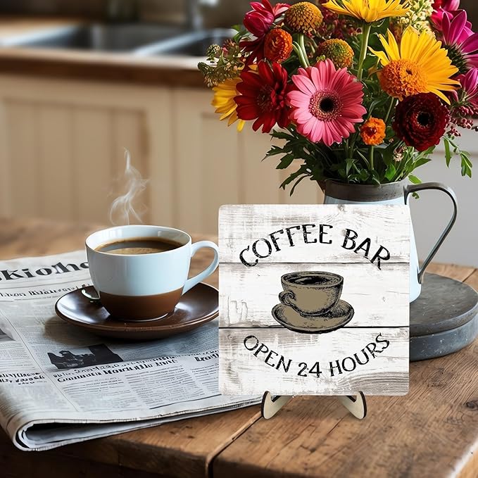 Coffee Bar Sign Plaque, Vintage Farmhouse Coffee Station Decor – 24 Hours Open Bar Plaque for Cafe, Home or Office, Rustic Kitchen Wall Art, CoffeeShop Accessories
