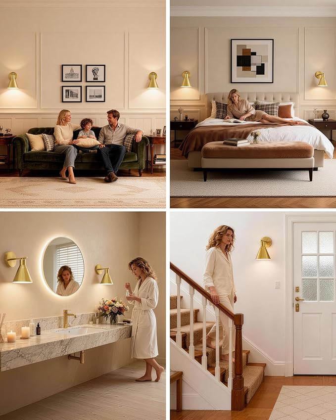 Modern Wireless Battery Operated Wall Sconces, Gold Rechargeable Cordless LED Wall Lights Set of Two, Dimmable Battery Powered Wall Decor Lamp Fixture with Remote Control for Bedroom Indoor
