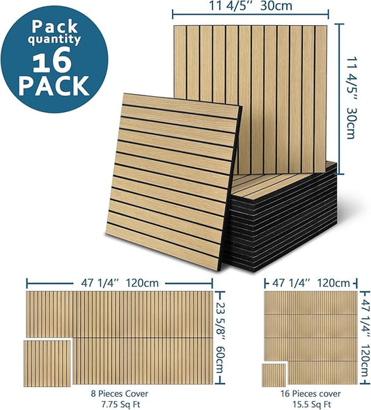16-Pack Peel and Stick Acoustic Wall Panels, 11.8" x 11.8" PET Soundproof & Noise Cancelling Acoustic Felt, Self-Adhesive 3D Sound Absorbing Slat Wall Paneling for Interior Wall Decor, Natural Oak