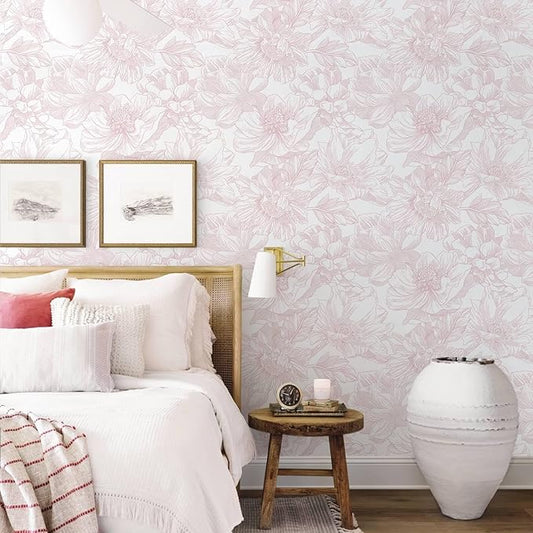 Ismoon Large Floral Peel and Stick Wallpaper Boho White/Pink Contact Paper 17.3inx6.5ft Removable Self Adhesive Bedroom Cabinet Mural Wall Decor Vinyl Roll