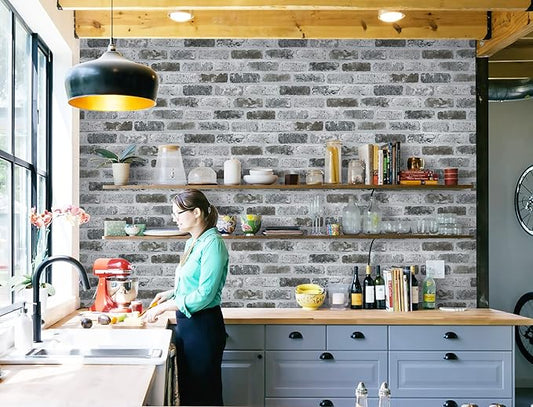 Guvana 17.3"×394" Brick Wallpaper Grey Self Adhesive Wallpaper 3D Brick Peel and Stick Wallpaper Removable Contact Paper Brick Textured Vintage Wall Paper for Kitchen Accent Wall Decor