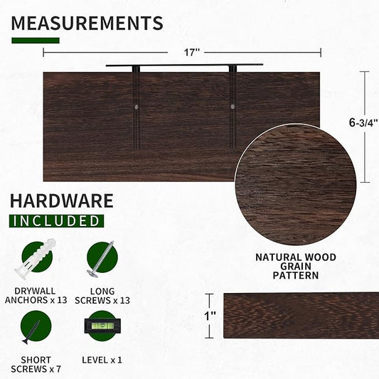 Marsmiles Wood Floating Shelves for Wall Set of 3, 17 Inch Wide Rustic Wooden Floating Shelves, Invisible Wall Mounted Display for Living Room Bedroom Kitchen Bathroom Office, Rustic Brown