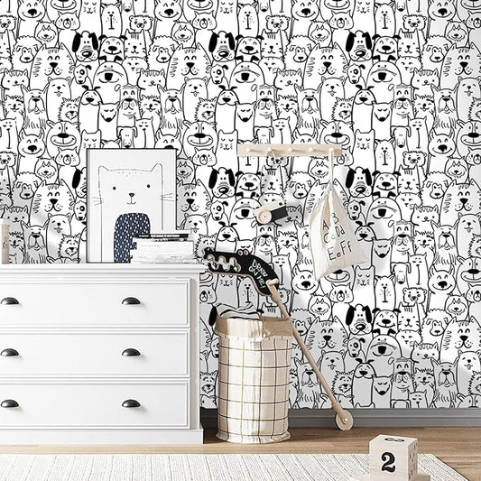 Peel and Stick Wallpaper Contact Paper Black and White Wallpaper Modern Dog Animal Wall Paper Textured Self Adhesive Removable Wallpaper for Nursery Kids Room Shelf Liner Vinyl Roll 197"x17.3"
