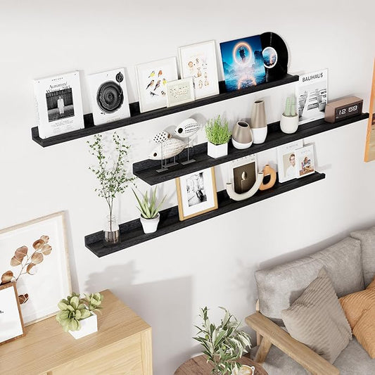 RICHFOCUS Floating Shelves for Wall, 55 inch Solid Wood Picture Ledge Shelf for Wall Storage, Nursery Book Shelves with Lip for Living Room Bathroom Bedroom Kitchen, Set of 3, Distressed Black