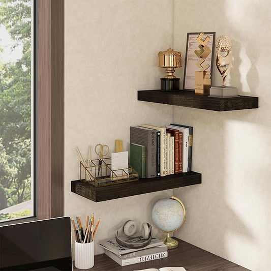 fuqing Floating Shelves for Wall - 24 Inch Wood Wall Shelves Set of 2-24 Inch Wide x 9.3 Inch Deep Natural Floating Wood Shelves with Upgraded Metal Brackets for Room