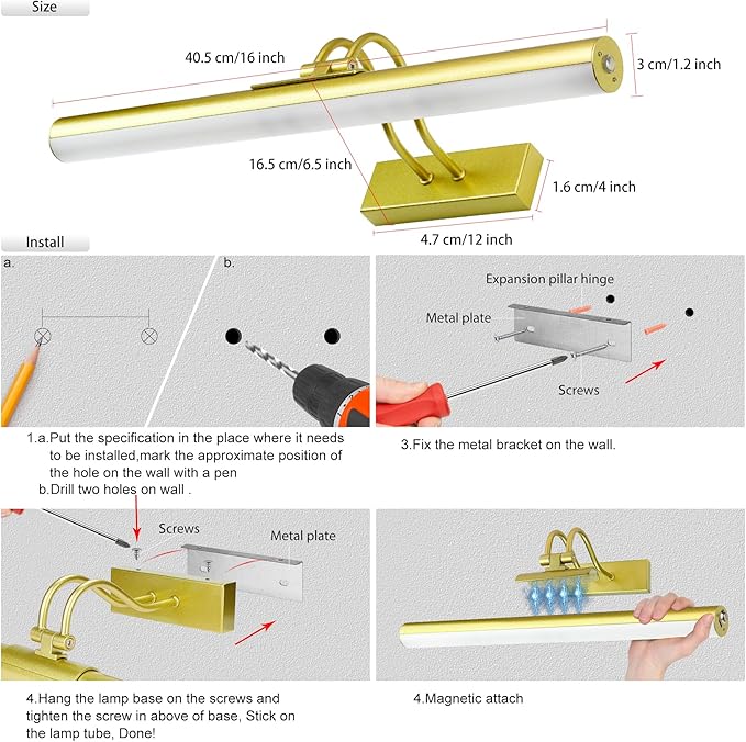 Picture Light,Wireless Art Light Stick-On,Magnetic Wall Light,Battery Accent Light with Timer and Dimmable for Painting,Frame,Portrait,Artwork-Gold 16"