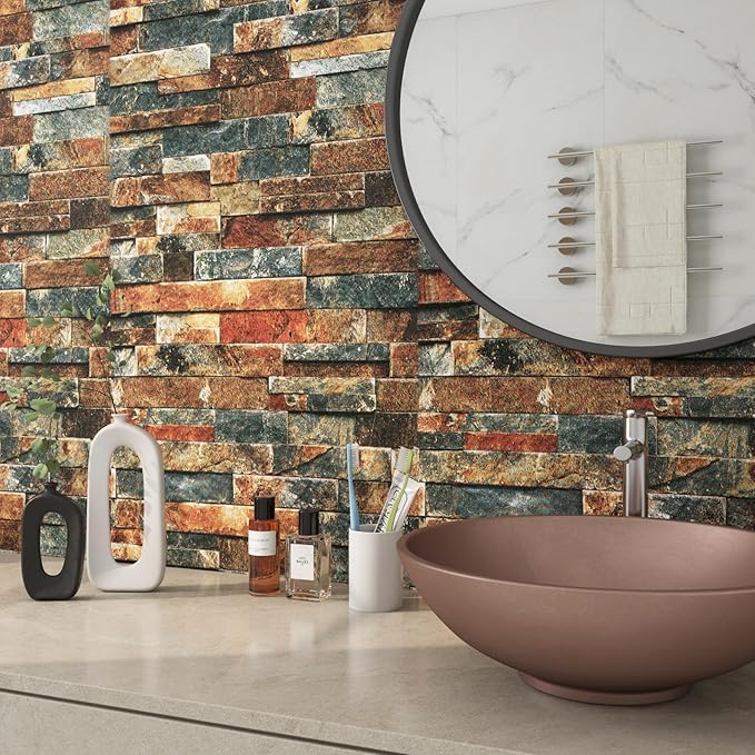 FunStick 15.8x472 Brown Red Blue 3D Brick Wallpaper Peel and Stick Textured Brick Removable Wallpaper for Bedroom Living Room Accent Wall Panels Backsplash Renter Friendly Vintage Vinyl Contact Paper