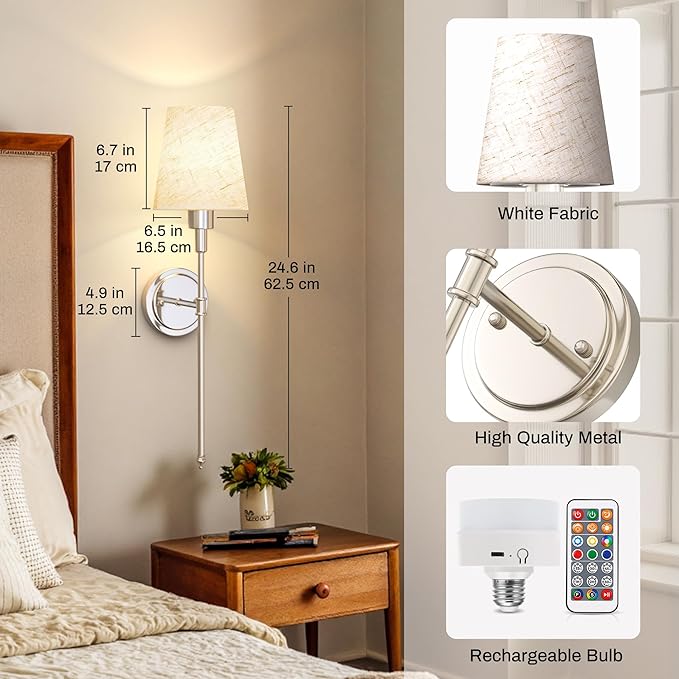 DORESshop Battery Operated Wall Sconce Set of 2, 7 Color Wireless Wall Light Easy to Install, Sconce Wall Decor Set of 2 for Bedroom, Living Room, Fabric Linen Shade, Nickel, 24.6in