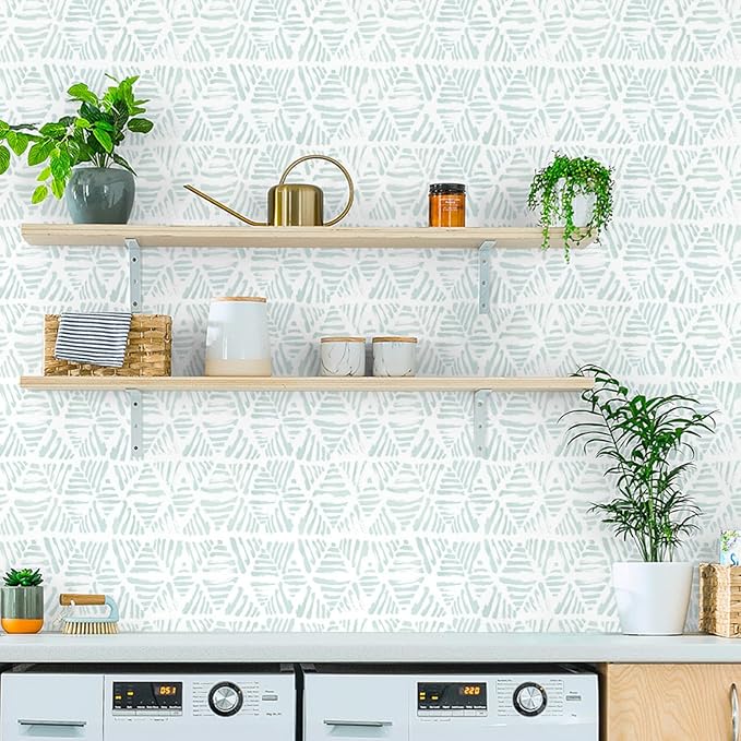 Peel and Stick Wallpaper Modern Geometric Wallpaper 17.3" x 197" Boho Green and White Contact Paper Striped Self Adhesive Removable Wall Paper for Bedroom Cabinets Drawers Waterproof Vinyl Roll