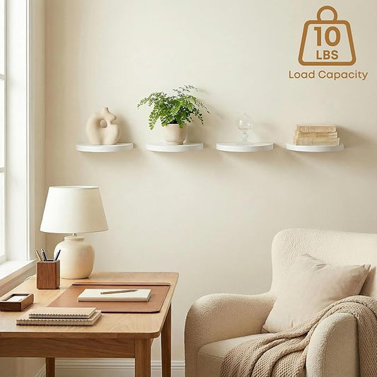 Small Wood Floating Shelves (4-Pack, 8-inch Diameter) - Round Sturdy Invisible Wall Mount Display for Small Plants,Toys,Bathroom,Living Room Storage & Modern Rustic Décor (White)
