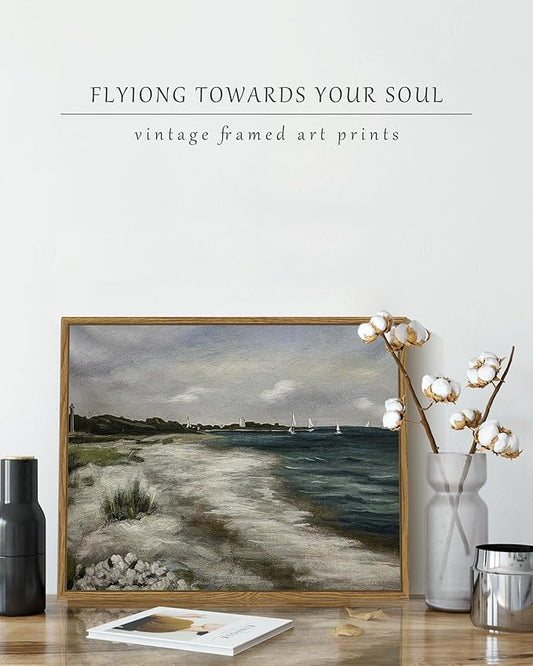 SHENIFY Vintage Landscape Seascape Framed Canvas Wall Art Seaside Coastal Scenery Classic Hallway Bathroom Office Decor - 11x14in Natural Framed