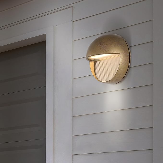 JONATHAN Y 6.25" Antique Gold Modern Round Outdoor Integrated LED Wall Sconce Light, Metal/Glass Waterproof Exterior Downlight for Porch, Patio, and Entryway, ETL Listed (JYL7441B)