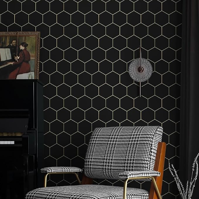 Black Geometric Wallpape Peel and Stick Wallpaper Gold and Black Contact Paper 17.3”×197”Decorative Shelf Drawer Liner Roll Waterproof