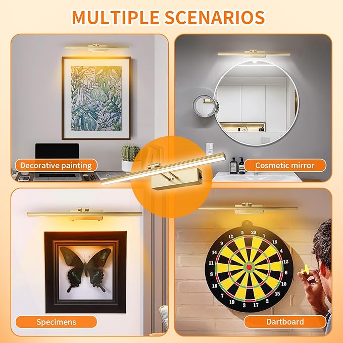 Picture Lights for Wall,Battery Operated Wall Lights,Gallery Light with Remote for Wall Display, Photo,Library Gold, Picture Light, Picture Light Battery Operated