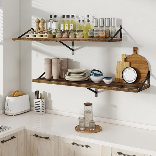 Floating Shelves, 12 Inch Deep Rustic Wood Wall Storage, 48W x 12D Wall Shelves Set of 2, Heavy Duty Metal Brackets, Large Industrial Book Shelf for Living Room, Kitchen, Bedroom, Brown