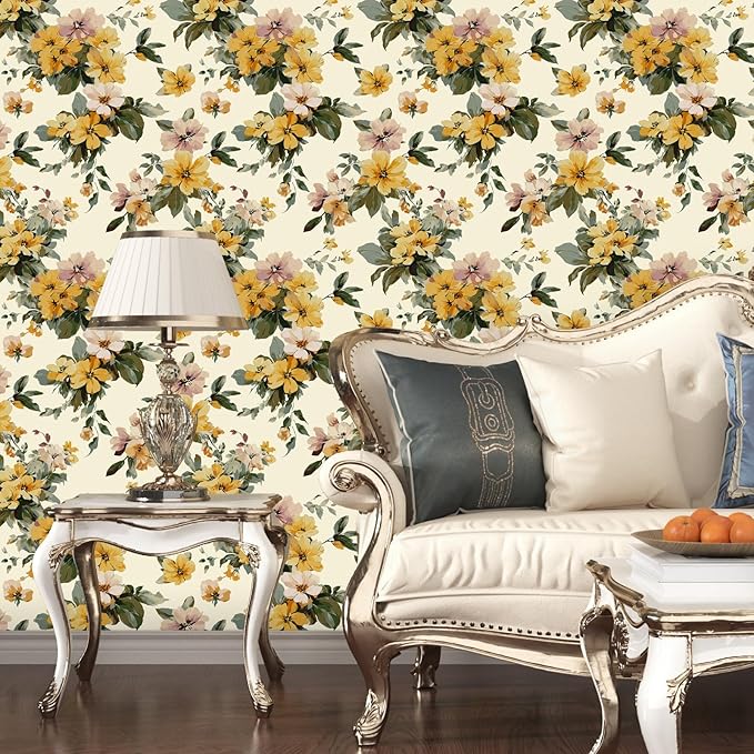 Yellow Floral Wallpaper Peel and Stick, Vintage Botanical Contact Paper 17.5" x 118", Retro Flower Wall Paper Self Adhesive Removable Waterproof for Bathroom Bedroom Shelf Cabinet Drawer Table