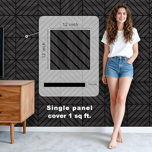 WoveN SounD Artisan Acoustic Wall Panels, 16 Pack 12x12 Inch, Wood Veneer Carved Sound Proof Wall Decor, Self-Adhesive for Home, Studio, Office & Focus Zones, Twill Pattern, Black Oak
