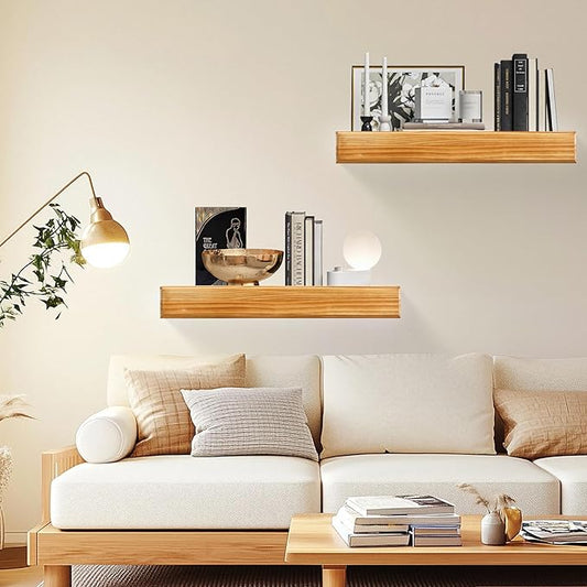 24 Inch Picture Ledge Shelf with Lip,Floating Shelves for Wall, Set of 2 Solid Pine Wood Shelves with Invisible Brackets, Wall Storage for Living Room, Bedroom, Kitchen, Bathroom(Carbonized Brown)