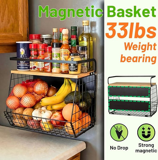 Ofiray-home Magnetic Shelf for Fridge with Wood Lid, Fruit Potato and Onion Storage Bins, Pantry Organizers & Storage, Large Container Magnetic Spice Rack for Refrigerator, Kitchen Counter, Cabinet