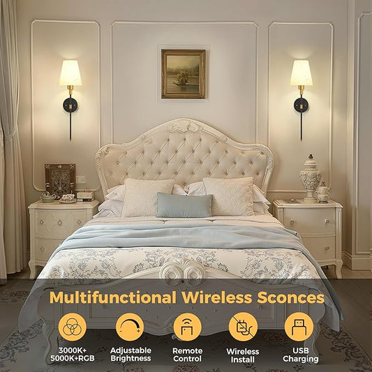 DORESshop Battery Operated Wall Sconce Set of 2, 7 Color Wireless Wall Light Easy to Install, Sconce Wall Decor Set of 2 for Bedroom, Living Room, Fabric Linen Shade, Gold and Black, 24.6in