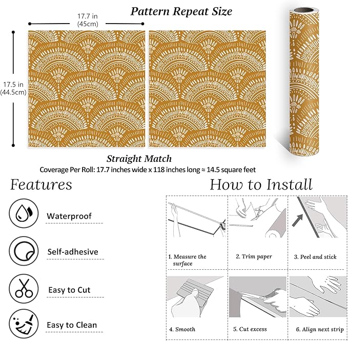 VEELIKE Mustard Yellow Geometric Peel and Stick Wallpaper Boho Geometric Wallpaper Removable 17.7''x118'' Renter Friendly Art Deco Wallpaper Peel and Stick for Bedroom Bathroom Accent Walls Cabinets