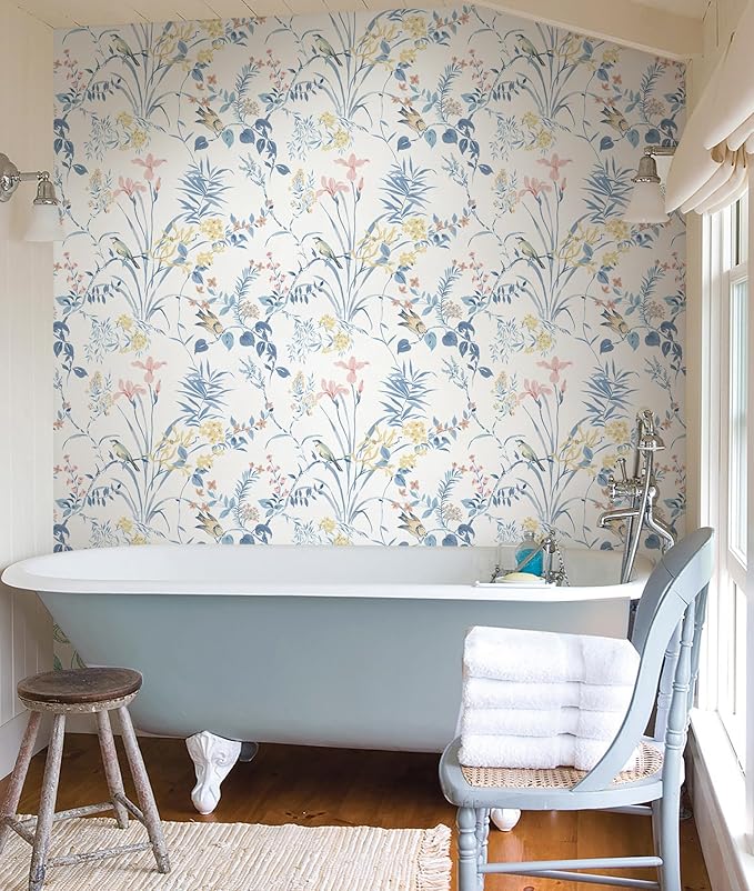 Erfoni 16.9" x197" Modern Floral and Birds Wallpaper Flower Removable Peel and Stick Wallpaper for Bedroom Decorative Self Adhesive Wall Paper Boho Floral Leaf Contact Paper for Accent Walls Covering
