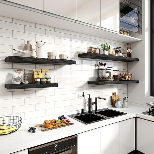 12 Inch Deep Floating Shelves, 24 Inch Long Floating Shelves for Wall, Floating Shelf with Invisible Brackets, Deep Shelves for Bathroom, Bedroom, Living Room, 2 Pack, Black